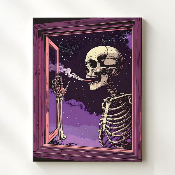 Dreamy Smoking Skeleton Canvas – Cosmic Smoke Trail & Surreal Halloween Art - Gifitto