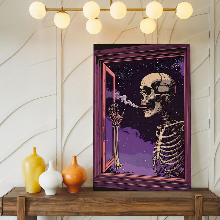 Dreamy Smoking Skeleton Canvas – Cosmic Smoke Trail & Surreal Halloween Art - Gifitto
