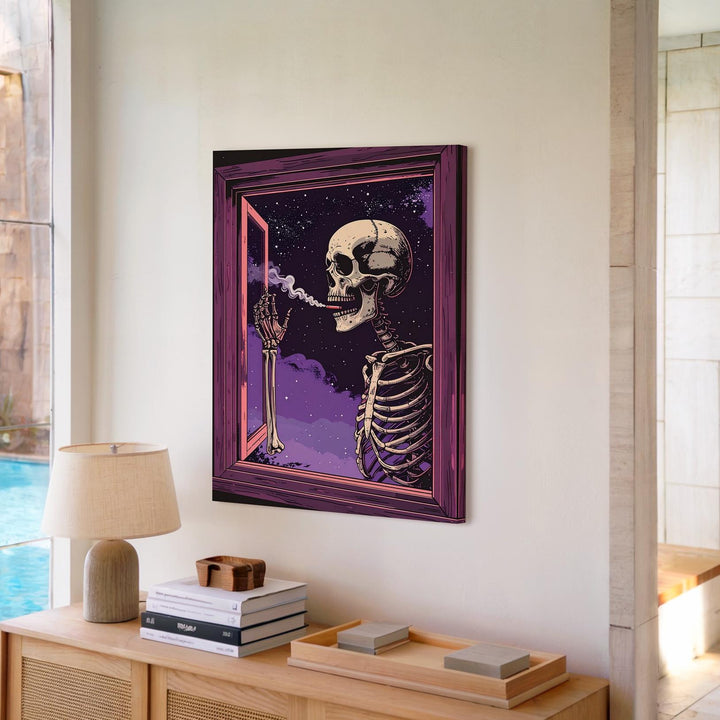 Dreamy Smoking Skeleton Canvas – Cosmic Smoke Trail & Surreal Halloween Art - Gifitto
