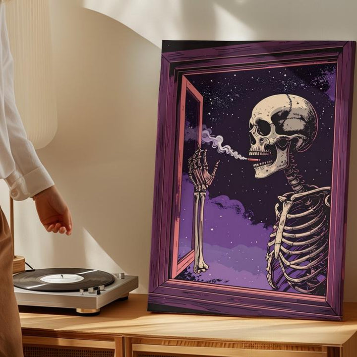 Dreamy Smoking Skeleton Canvas – Cosmic Smoke Trail & Surreal Halloween Art - Gifitto