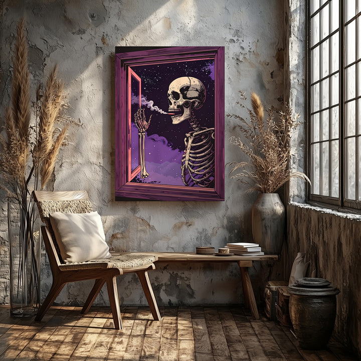 Dreamy Smoking Skeleton Canvas – Cosmic Smoke Trail & Surreal Halloween Art - Gifitto