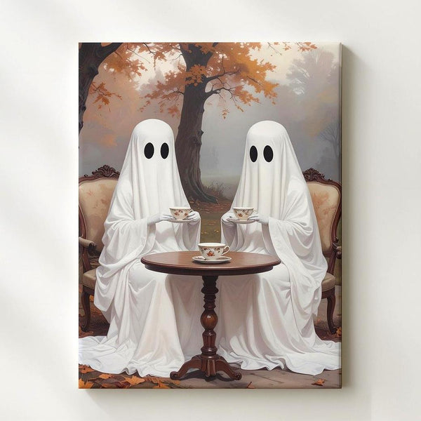 Outdoor Ghost Tea Canvas – Surreal Autumn Light Halloween Wall Art - Gifitto