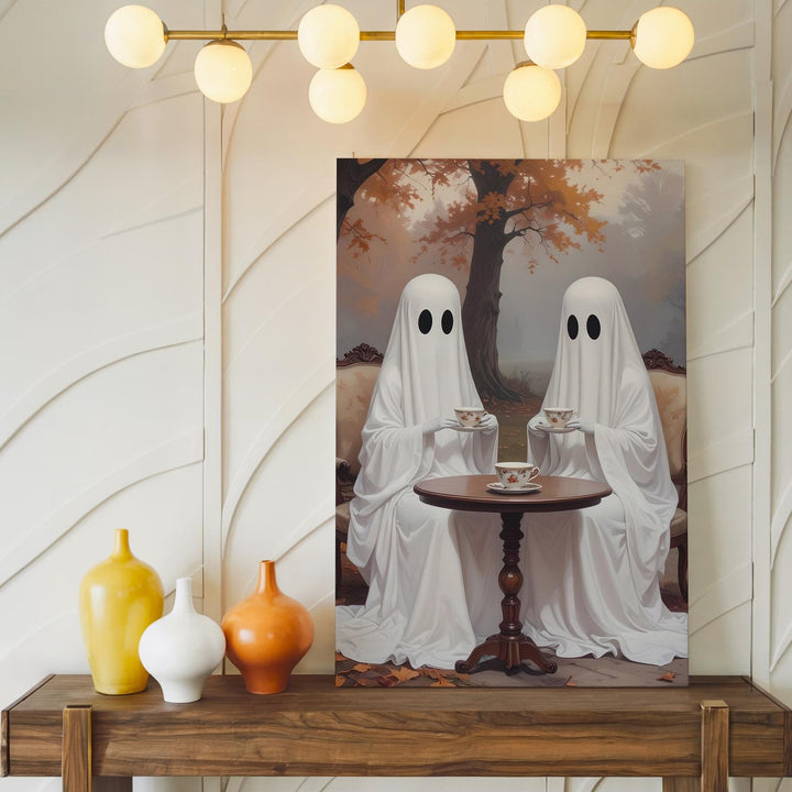 Outdoor Ghost Tea Canvas – Surreal Autumn Light Halloween Wall Art - Gifitto