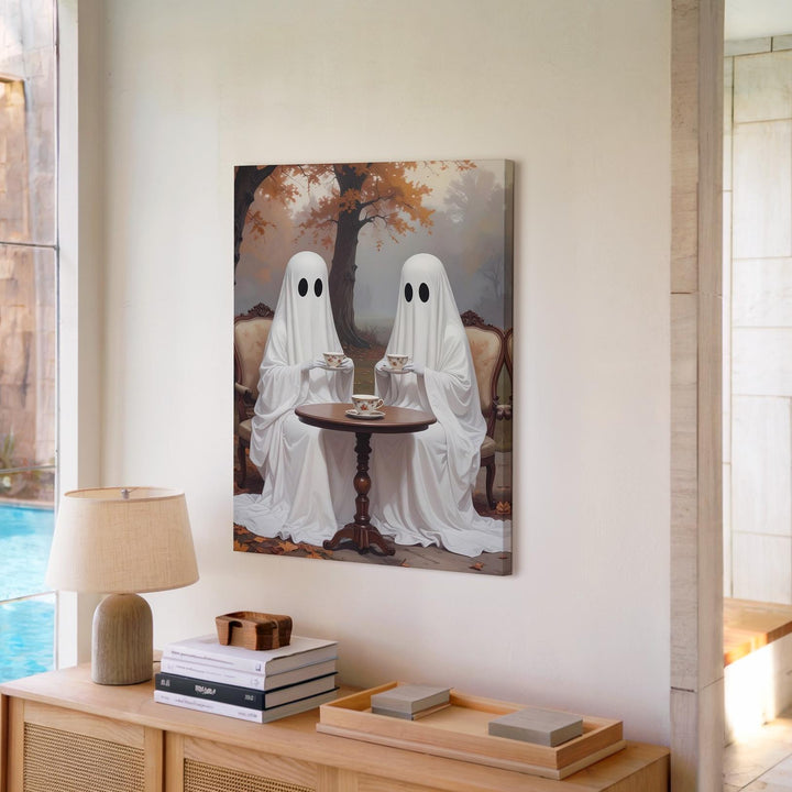 Outdoor Ghost Tea Canvas – Surreal Autumn Light Halloween Wall Art - Gifitto