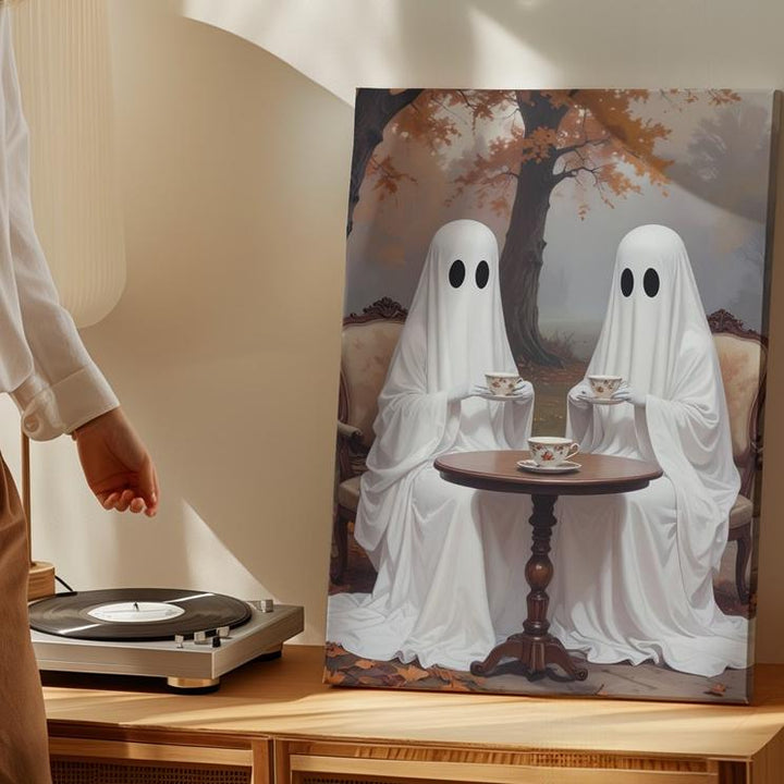 Outdoor Ghost Tea Canvas – Surreal Autumn Light Halloween Wall Art - Gifitto