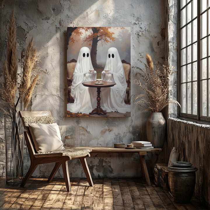 Outdoor Ghost Tea Canvas – Surreal Autumn Light Halloween Wall Art - Gifitto