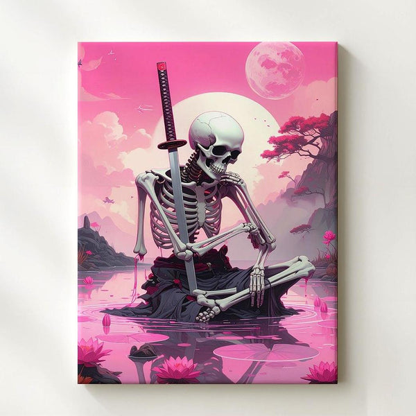 Neon Dream Skeleton Canvas – Meditative Katana & Pink Water Scene - Gifitto