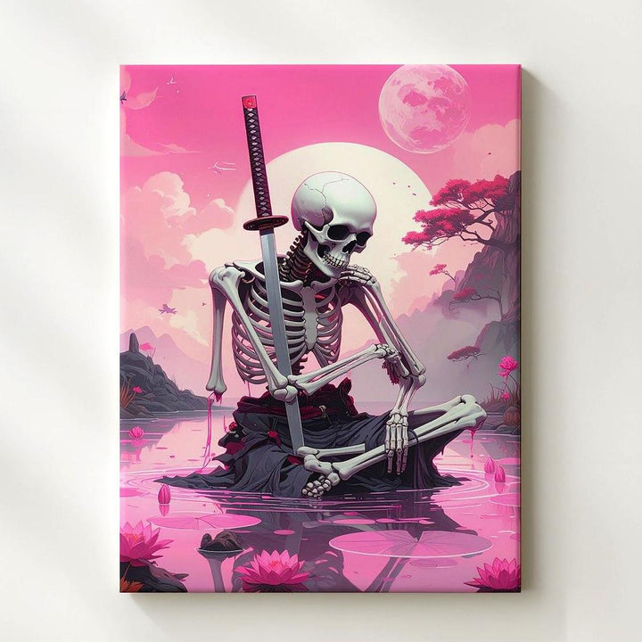 Neon Dream Skeleton Canvas – Meditative Katana & Pink Water Scene - Gifitto