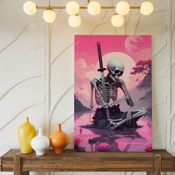 Neon Dream Skeleton Canvas – Meditative Katana & Pink Water Scene - Gifitto