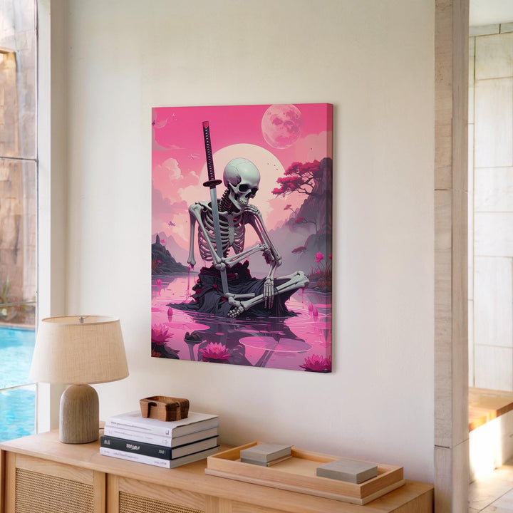 Neon Dream Skeleton Canvas – Meditative Katana & Pink Water Scene - Gifitto