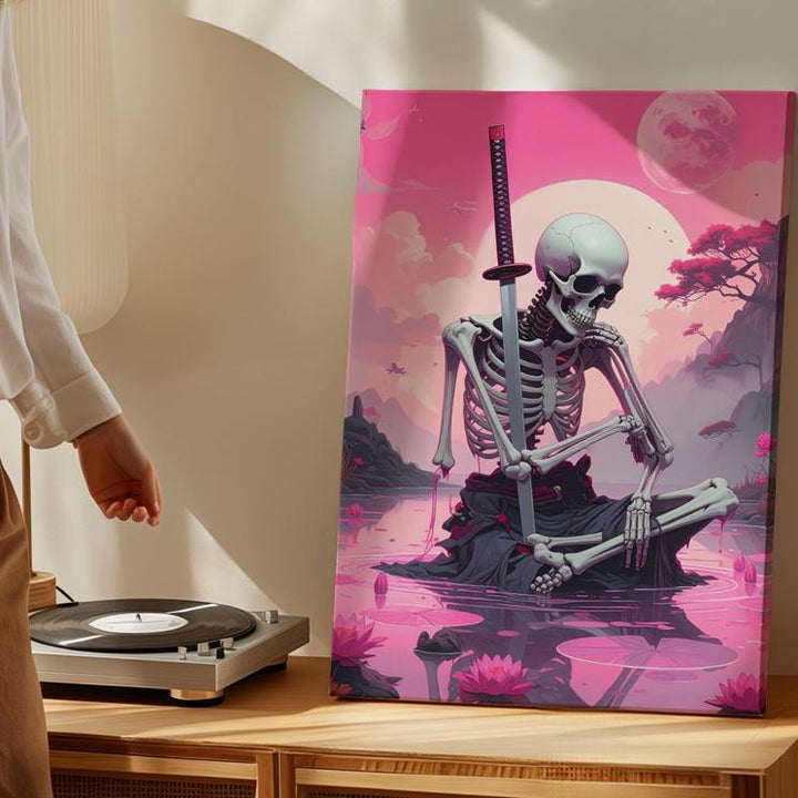 Neon Dream Skeleton Canvas – Meditative Katana & Pink Water Scene - Gifitto