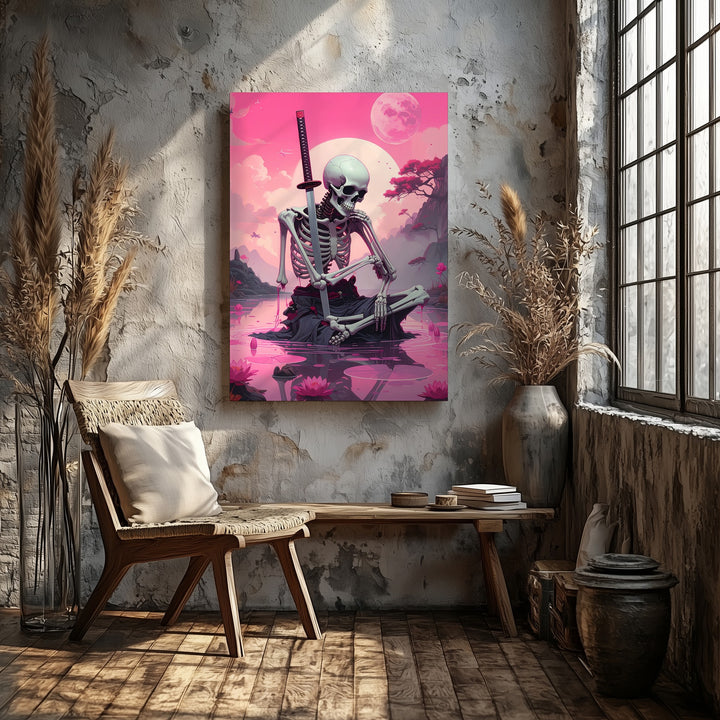 Neon Dream Skeleton Canvas – Meditative Katana & Pink Water Scene - Gifitto