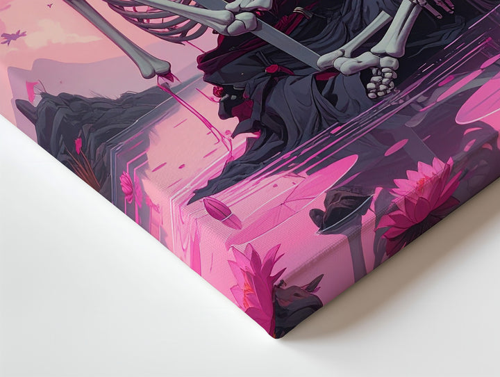 Neon Dream Skeleton Canvas – Meditative Katana & Pink Water Scene - Gifitto