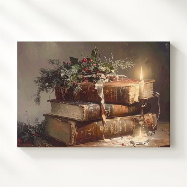 Antique Christmas Book Stack Canvas – Cozy Holiday Reading Still Life - Gifitto