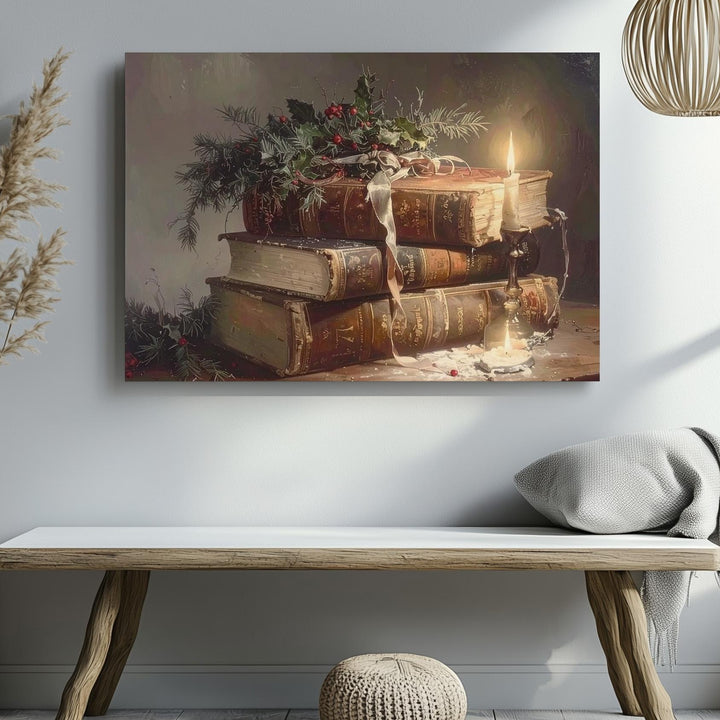 Antique Christmas Book Stack Canvas – Cozy Holiday Reading Still Life - Gifitto