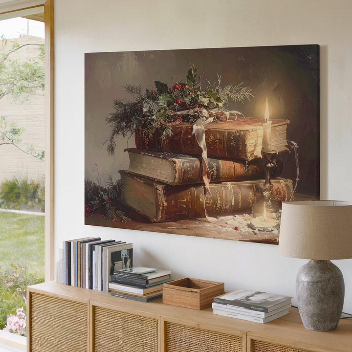 Antique Christmas Book Stack Canvas – Cozy Holiday Reading Still Life - Gifitto