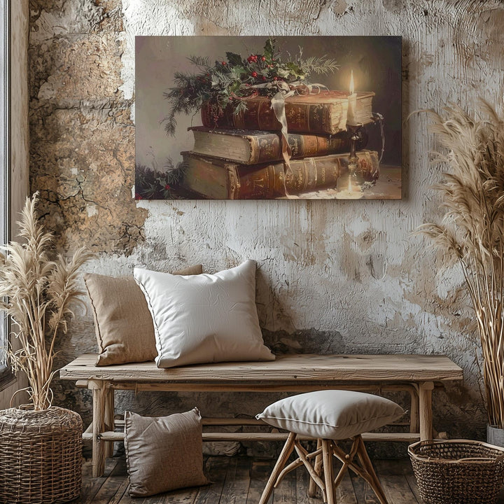 Antique Christmas Book Stack Canvas – Cozy Holiday Reading Still Life - Gifitto