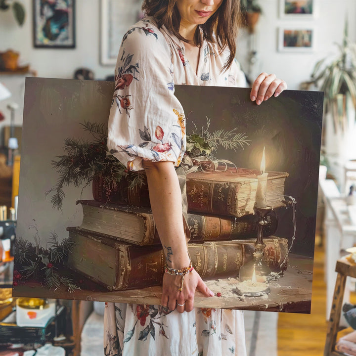 Antique Christmas Book Stack Canvas – Cozy Holiday Reading Still Life - Gifitto