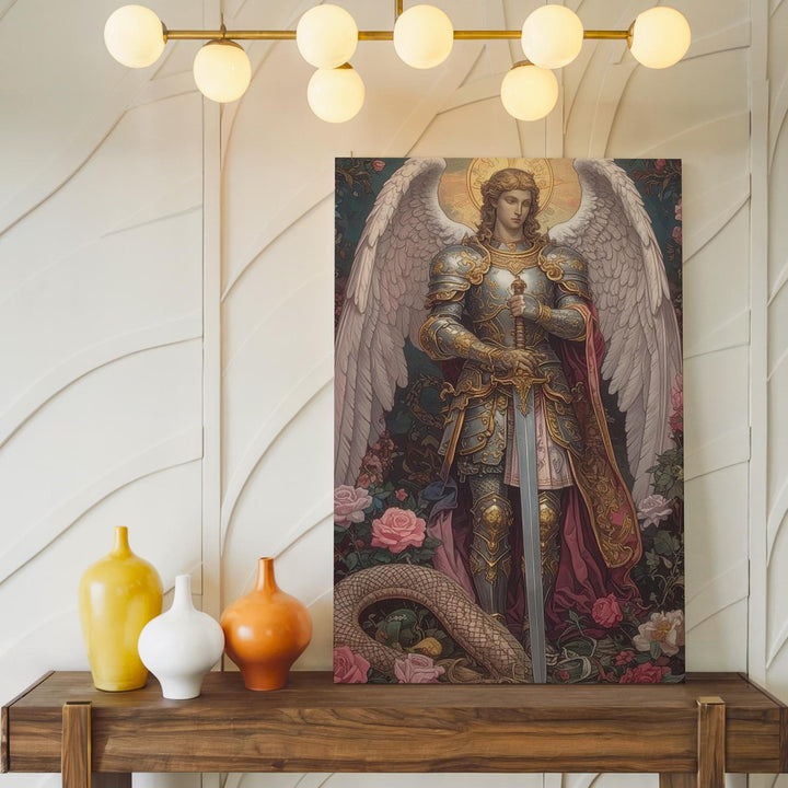 Archangel Michael and Serpent Canvas – Christian Wall Art of Divine Triumph, Guardianship, and Celestial Beauty - Gifitto