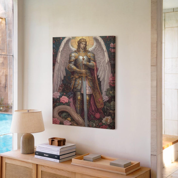 Archangel Michael and Serpent Canvas – Christian Wall Art of Divine Triumph, Guardianship, and Celestial Beauty - Gifitto