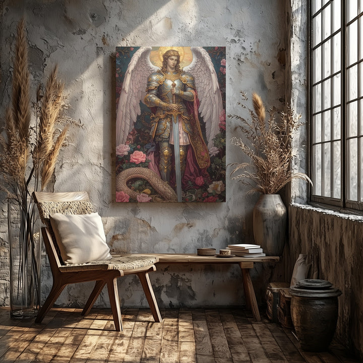 Archangel Michael and Serpent Canvas – Christian Wall Art of Divine Triumph, Guardianship, and Celestial Beauty - Gifitto
