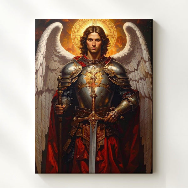 Archangel Michael with Fiery Wings Canvas – Powerful Christian Wall Art of Divine Justice and Protection - Gifitto