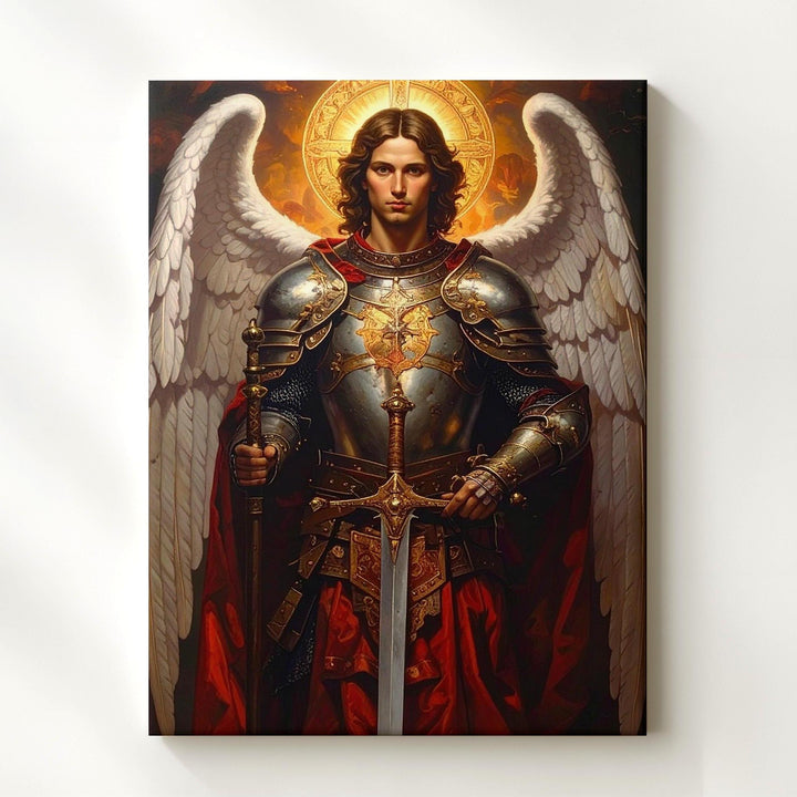 Archangel Michael with Fiery Wings Canvas – Powerful Christian Wall Art of Divine Justice and Protection - Gifitto