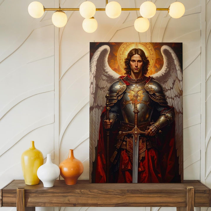 Archangel Michael with Fiery Wings Canvas – Powerful Christian Wall Art of Divine Justice and Protection - Gifitto