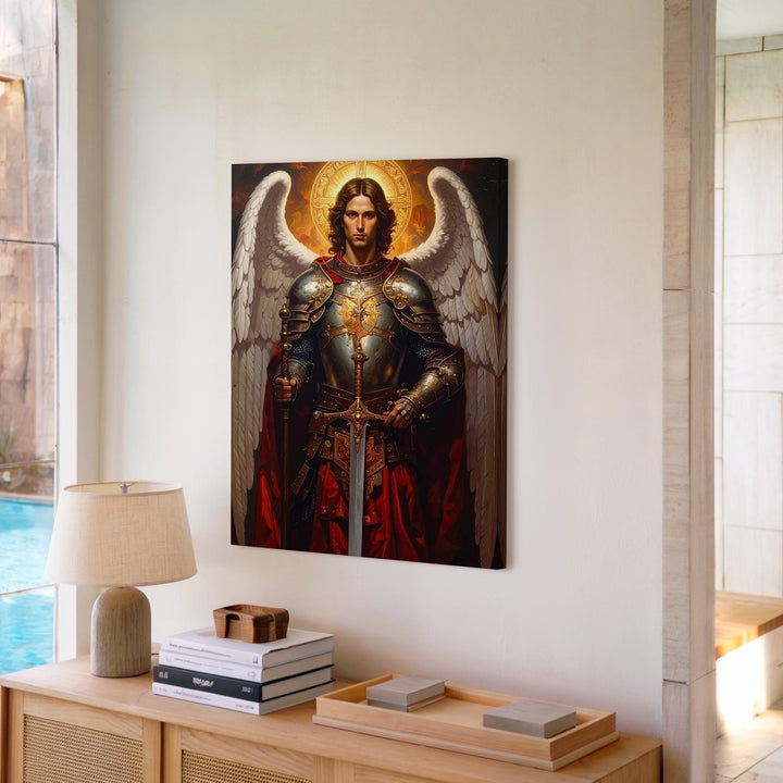 Archangel Michael with Fiery Wings Canvas – Powerful Christian Wall Art of Divine Justice and Protection - Gifitto
