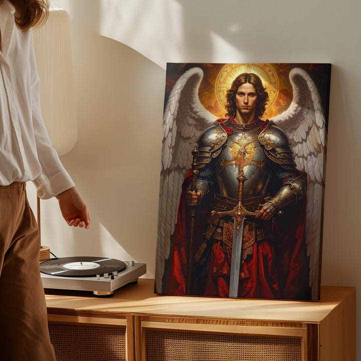 Archangel Michael with Fiery Wings Canvas – Powerful Christian Wall Art of Divine Justice and Protection - Gifitto
