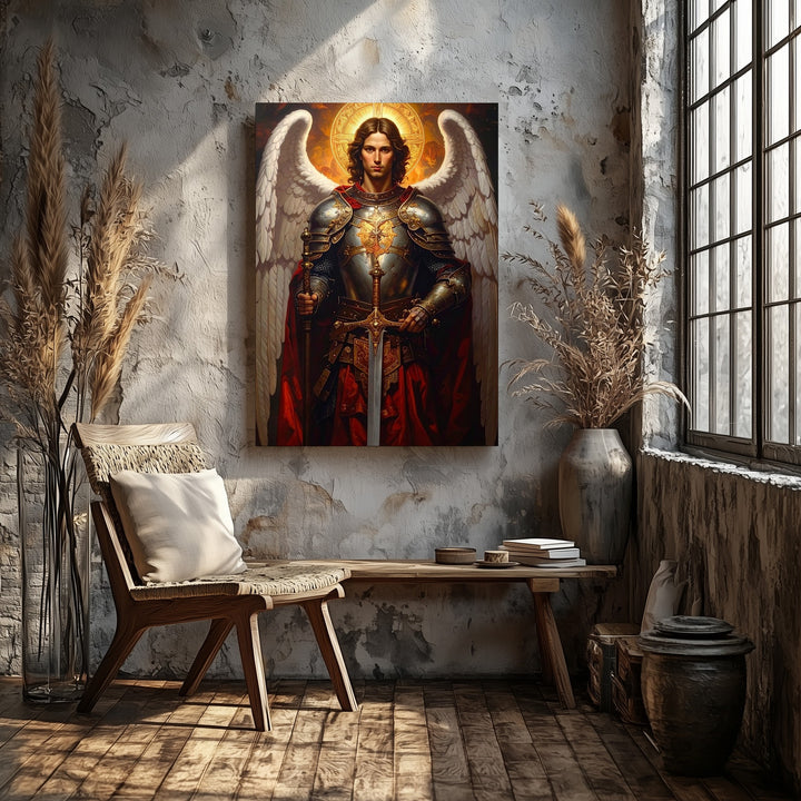 Archangel Michael with Fiery Wings Canvas – Powerful Christian Wall Art of Divine Justice and Protection - Gifitto