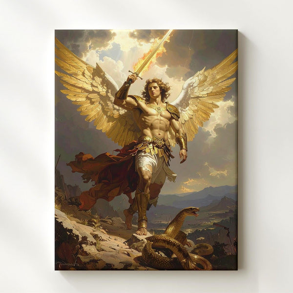 Archangel Michael in Battle Canvas – Dramatic Christian Wall Art of Divine Justice and Heavenly Triumph - Gifitto