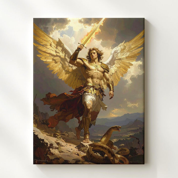 Archangel Michael in Battle Canvas – Dramatic Christian Wall Art of Divine Justice and Heavenly Triumph - Gifitto
