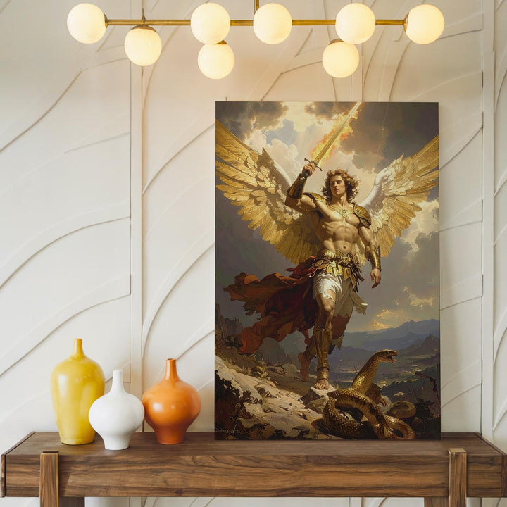 Archangel Michael in Battle Canvas – Dramatic Christian Wall Art of Divine Justice and Heavenly Triumph - Gifitto