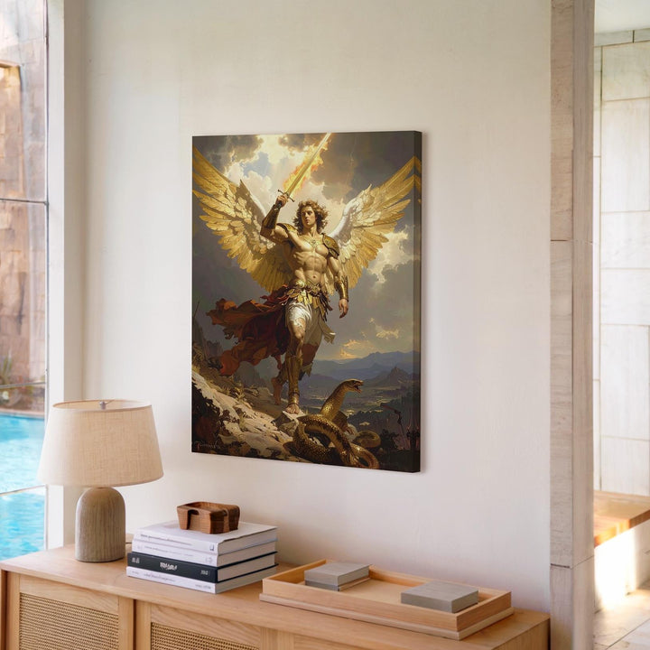 Archangel Michael in Battle Canvas – Dramatic Christian Wall Art of Divine Justice and Heavenly Triumph - Gifitto