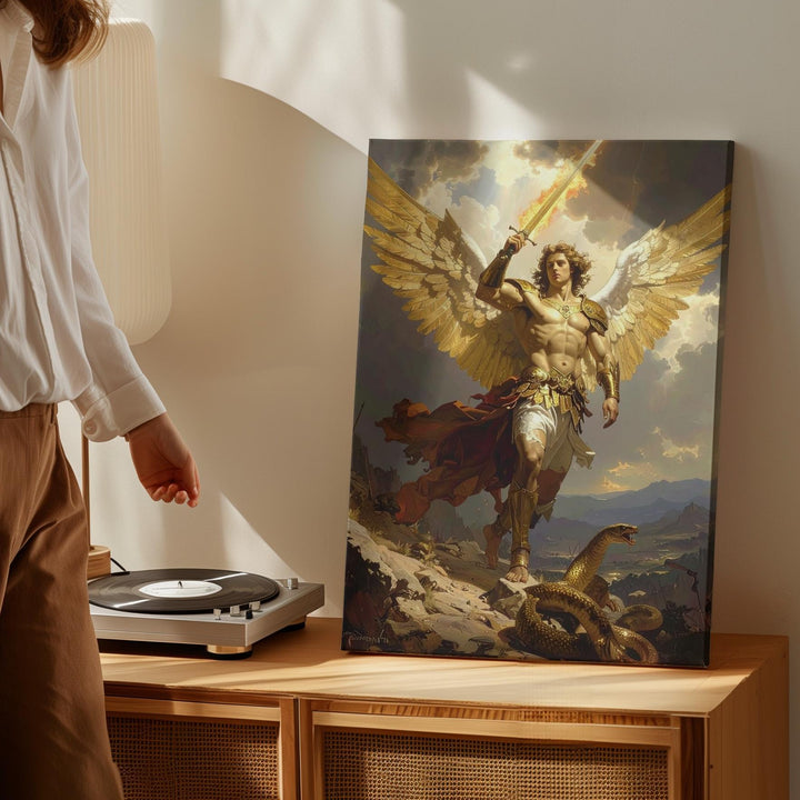 Archangel Michael in Battle Canvas – Dramatic Christian Wall Art of Divine Justice and Heavenly Triumph - Gifitto