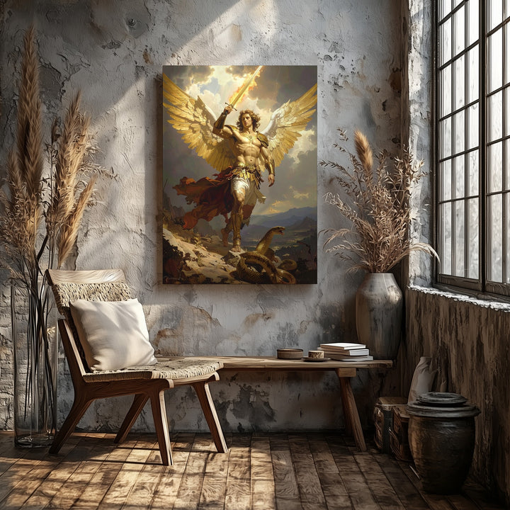 Archangel Michael in Battle Canvas – Dramatic Christian Wall Art of Divine Justice and Heavenly Triumph - Gifitto