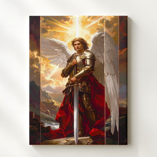 Archangel Michael with Shining Sword Canvas – Christian Wall Art of Divine Strength and Heavenly Serenity - Gifitto
