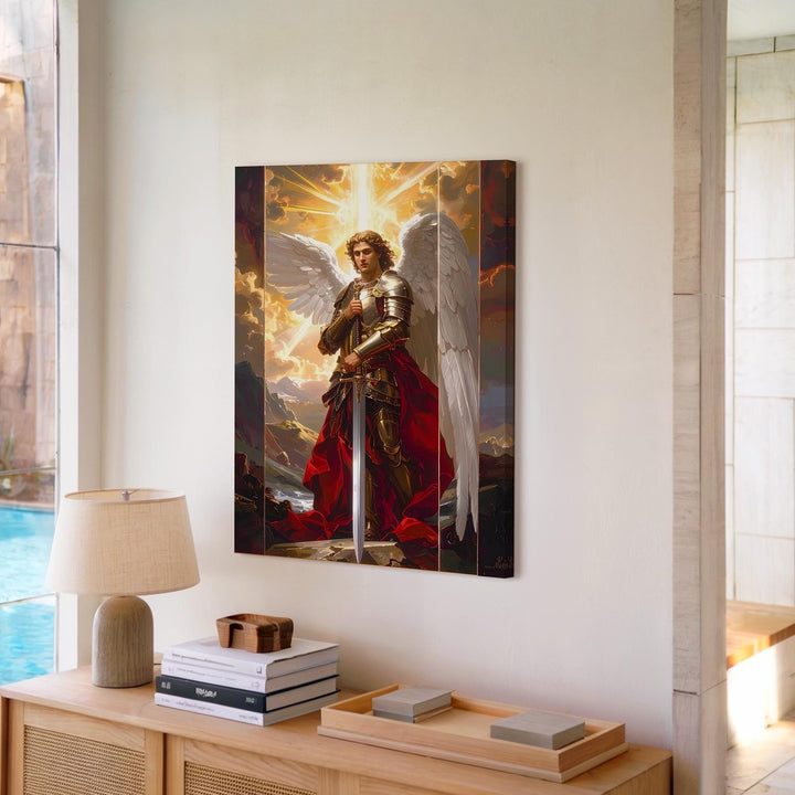 Archangel Michael with Shining Sword Canvas – Christian Wall Art of Divine Strength and Heavenly Serenity - Gifitto