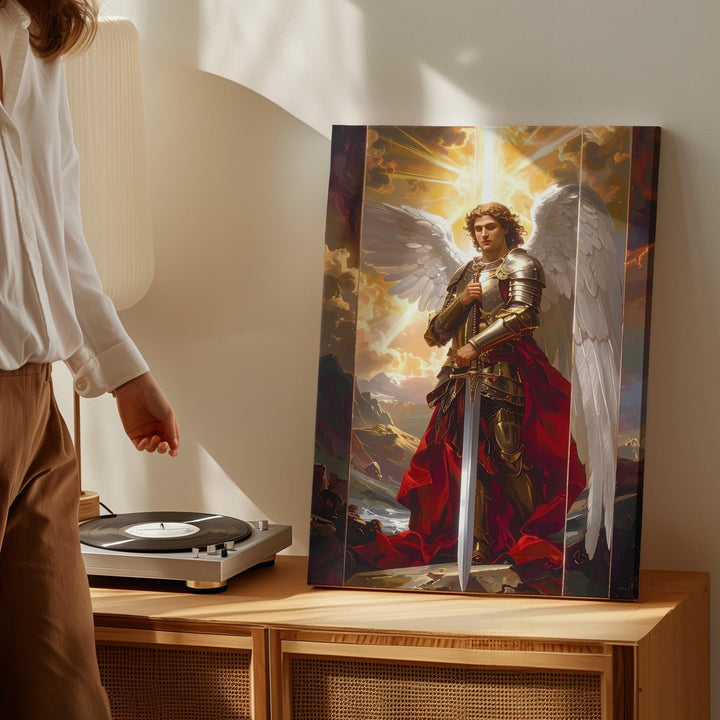 Archangel Michael with Shining Sword Canvas – Christian Wall Art of Divine Strength and Heavenly Serenity - Gifitto