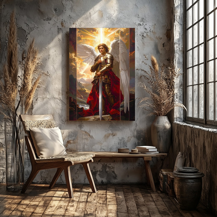 Archangel Michael with Shining Sword Canvas – Christian Wall Art of Divine Strength and Heavenly Serenity - Gifitto