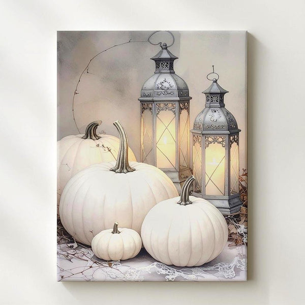 White Pumpkin & Vintage Lantern Canvas – Shabby Chic Autumn Still Life Art - Gifitto