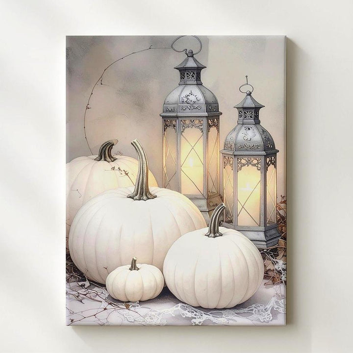 White Pumpkin & Vintage Lantern Canvas – Shabby Chic Autumn Still Life Art - Gifitto