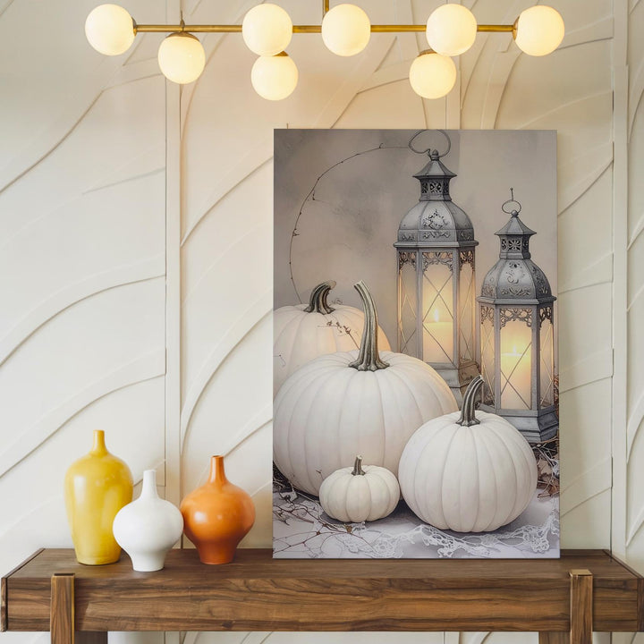 White Pumpkin & Vintage Lantern Canvas – Shabby Chic Autumn Still Life Art - Gifitto