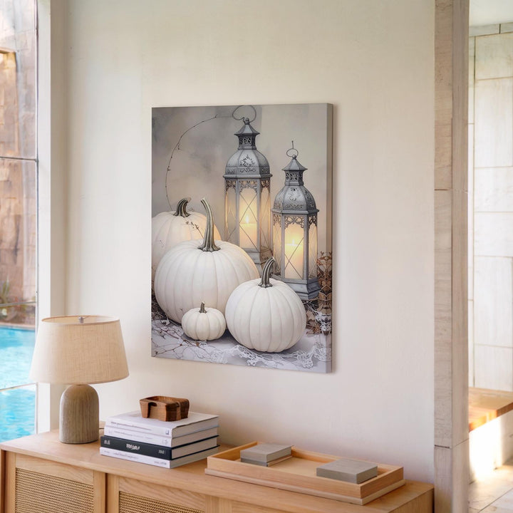 White Pumpkin & Vintage Lantern Canvas – Shabby Chic Autumn Still Life Art - Gifitto