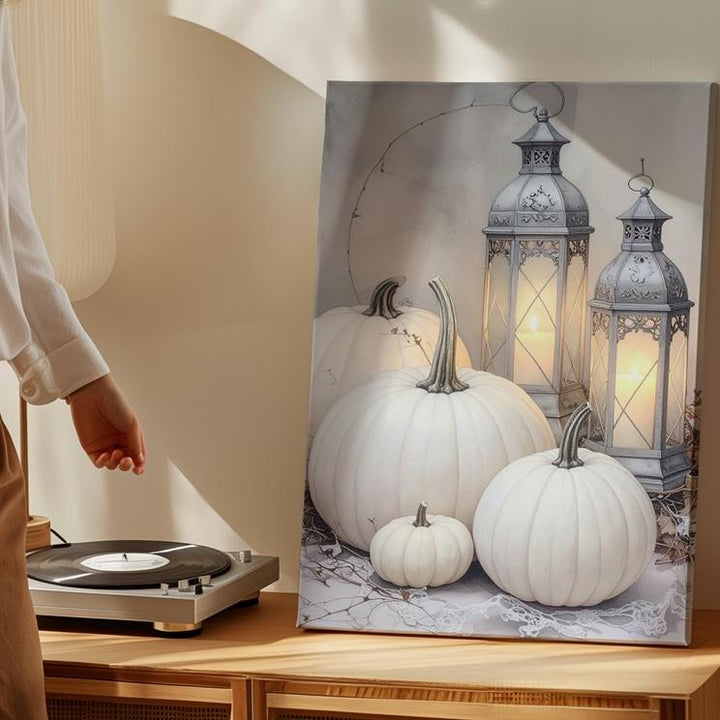 White Pumpkin & Vintage Lantern Canvas – Shabby Chic Autumn Still Life Art - Gifitto