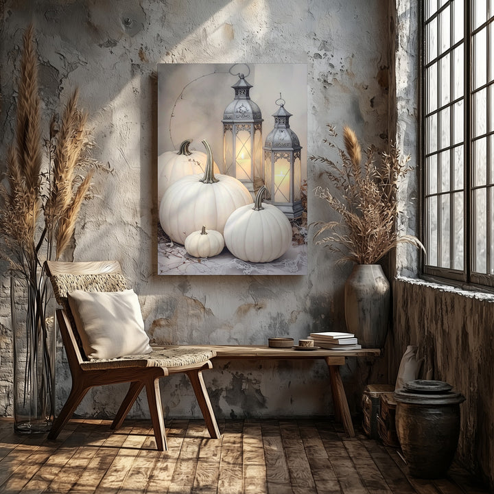 White Pumpkin & Vintage Lantern Canvas – Shabby Chic Autumn Still Life Art - Gifitto
