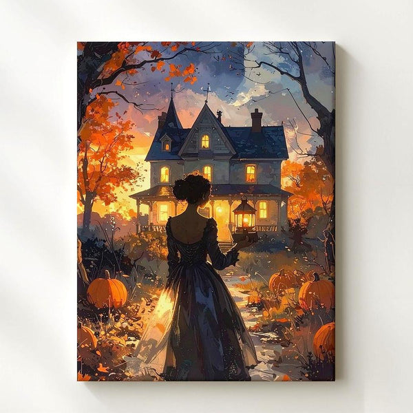 Lantern Lady & Victorian House Canvas – Enchanted Halloween Storybook Art - Gifitto