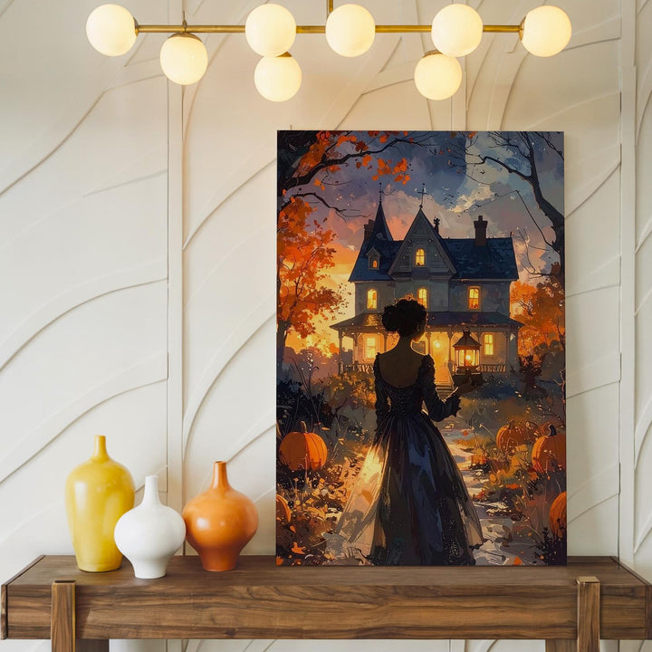 Lantern Lady & Victorian House Canvas – Enchanted Halloween Storybook Art - Gifitto