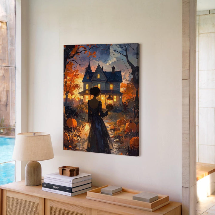 Lantern Lady & Victorian House Canvas – Enchanted Halloween Storybook Art - Gifitto